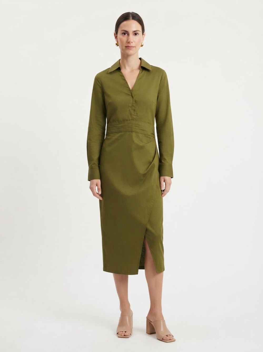 NWT Modesees Olive Green Long Sleeve Shirt Dress